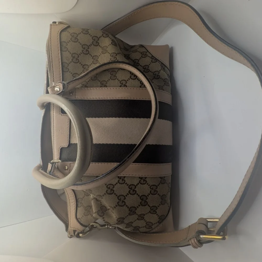 💢 Pristine💢 Gucci Beige And Brown Boston Canvas Stripe Satchel - Picture 9 of 9
